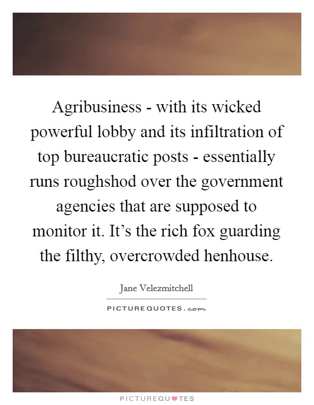 Agribusiness - with its wicked powerful lobby and its infiltration of top bureaucratic posts - essentially runs roughshod over the government agencies that are supposed to monitor it. It's the rich fox guarding the filthy, overcrowded henhouse Picture Quote #1