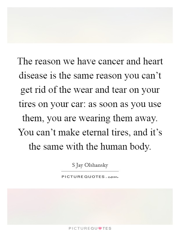 The reason we have cancer and heart disease is the same reason you can't get rid of the wear and tear on your tires on your car: as soon as you use them, you are wearing them away. You can't make eternal tires, and it's the same with the human body Picture Quote #1