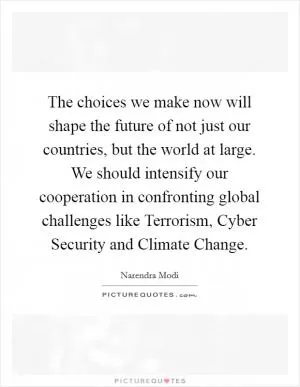 The choices we make now will shape the future of not just our countries, but the world at large. We should intensify our cooperation in confronting global challenges like Terrorism, Cyber Security and Climate Change Picture Quote #1