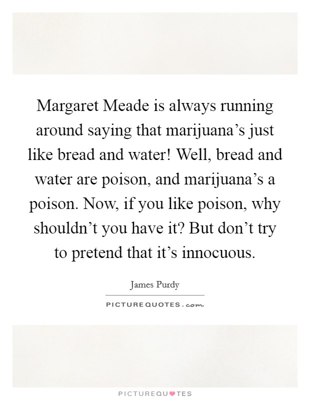 Margaret Meade is always running around saying that marijuana's just like bread and water! Well, bread and water are poison, and marijuana's a poison. Now, if you like poison, why shouldn't you have it? But don't try to pretend that it's innocuous Picture Quote #1