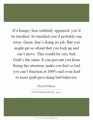 If a hungry lion suddenly appeared, you’d be terrified. So terrified you’d probably run away. Great, fear’s doing its job. But you might get so afraid that you lock up and can’t move. This would be very bad. Guilt’s the same. It can prevent you from fixing the situation, make you feel so bad you can’t function at 100% and even lead to more guilt-provoking bad behavior Picture Quote #1
