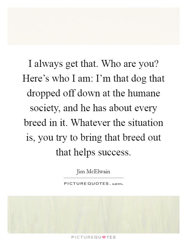 I always get that. Who are you? Here's who I am: I'm that dog that dropped off down at the humane society, and he has about every breed in it. Whatever the situation is, you try to bring that breed out that helps success Picture Quote #1