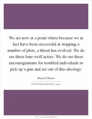 We are now at a point where because we in fact have been successful at stopping a number of plots, a threat has evolved. We do see these lone-wolf actors. We do see these encouragements for troubled individuals to pick up a gun and act out of this ideology Picture Quote #1