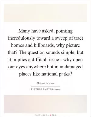 Many have asked, pointing incredulously toward a sweep of tract homes and billboards, why picture that? The question sounds simple, but it implies a difficult issue - why open our eyes anywhere but in undamaged places like national parks? Picture Quote #1