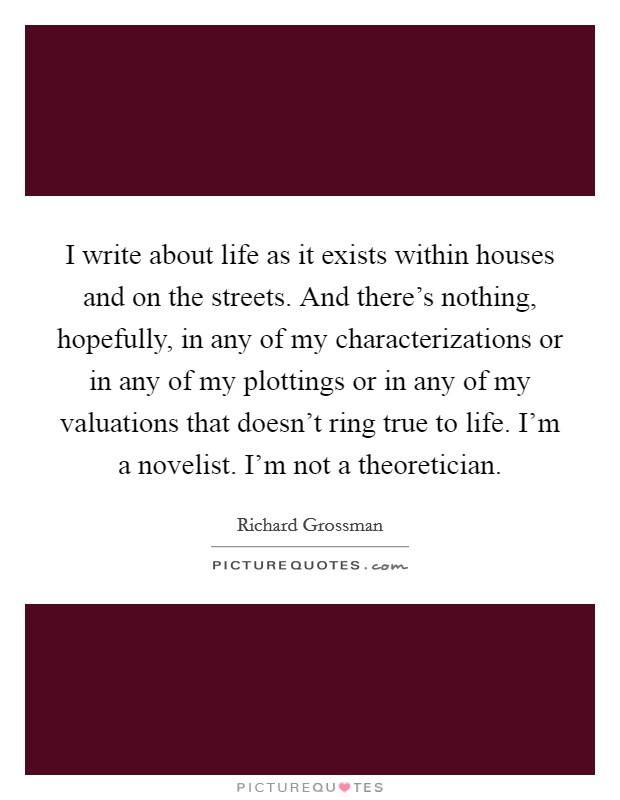 I write about life as it exists within houses and on the streets. And there's nothing, hopefully, in any of my characterizations or in any of my plottings or in any of my valuations that doesn't ring true to life. I'm a novelist. I'm not a theoretician Picture Quote #1