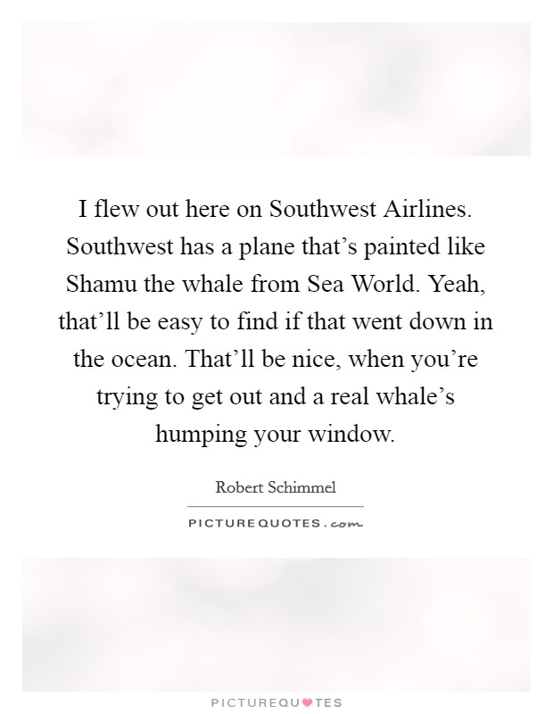 I flew out here on Southwest Airlines. Southwest has a plane that's painted like Shamu the whale from Sea World. Yeah, that'll be easy to find if that went down in the ocean. That'll be nice, when you're trying to get out and a real whale's humping your window Picture Quote #1