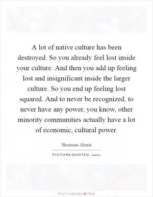 A lot of native culture has been destroyed. So you already feel lost inside your culture. And then you add up feeling lost and insignificant inside the larger culture. So you end up feeling lost squared. And to never be recognized, to never have any power, you know, other minority communities actually have a lot of economic, cultural power Picture Quote #1