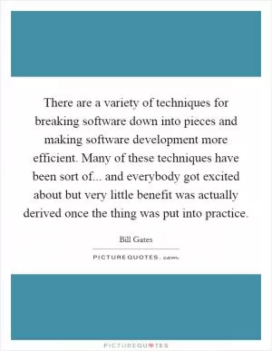There are a variety of techniques for breaking software down into pieces and making software development more efficient. Many of these techniques have been sort of... and everybody got excited about but very little benefit was actually derived once the thing was put into practice Picture Quote #1