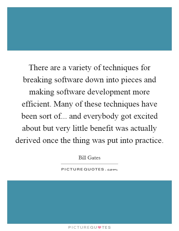 There are a variety of techniques for breaking software down into pieces and making software development more efficient. Many of these techniques have been sort of... and everybody got excited about but very little benefit was actually derived once the thing was put into practice Picture Quote #1