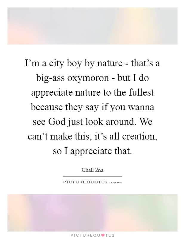 I'm a city boy by nature - that's a big-ass oxymoron - but I do appreciate nature to the fullest because they say if you wanna see God just look around. We can't make this, it's all creation, so I appreciate that Picture Quote #1