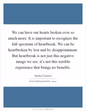 We can have our hearts broken over so much more. It is important to recognize the full spectrum of heartbreak. We can be heartbroken by lost and by disappointment. But heartbreak is not just this negative image we see, it’s not this terrible experience that brings no benefits Picture Quote #1