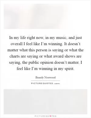 In my life right now, in my music, and just overall I feel like I’m winning. It doesn’t matter what this person is saying or what the charts are saying or what award shows are saying, the public opinion doesn’t matter. I feel like I’m winning in my spirit Picture Quote #1