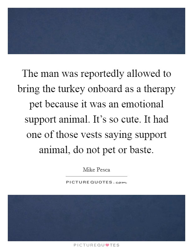 The man was reportedly allowed to bring the turkey onboard as a therapy pet because it was an emotional support animal. It's so cute. It had one of those vests saying support animal, do not pet or baste Picture Quote #1
