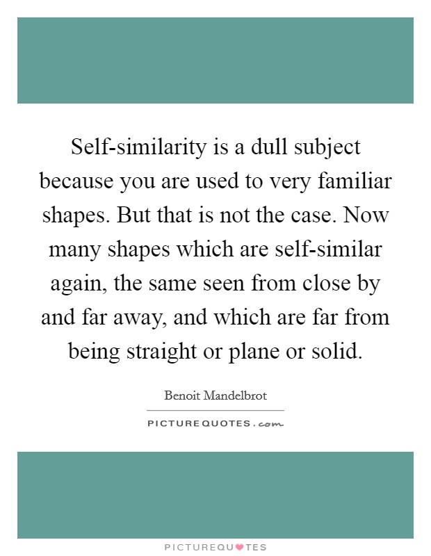 Self-similarity is a dull subject because you are used to very familiar shapes. But that is not the case. Now many shapes which are self-similar again, the same seen from close by and far away, and which are far from being straight or plane or solid Picture Quote #1