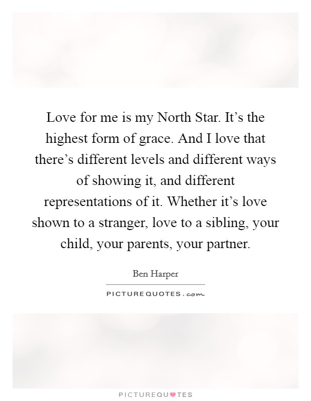 Love for me is my North Star. It's the highest form of grace. And I love that there's different levels and different ways of showing it, and different representations of it. Whether it's love shown to a stranger, love to a sibling, your child, your parents, your partner Picture Quote #1