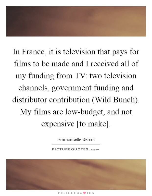 In France, it is television that pays for films to be made and I received all of my funding from TV: two television channels, government funding and distributor contribution (Wild Bunch). My films are low-budget, and not expensive [to make] Picture Quote #1