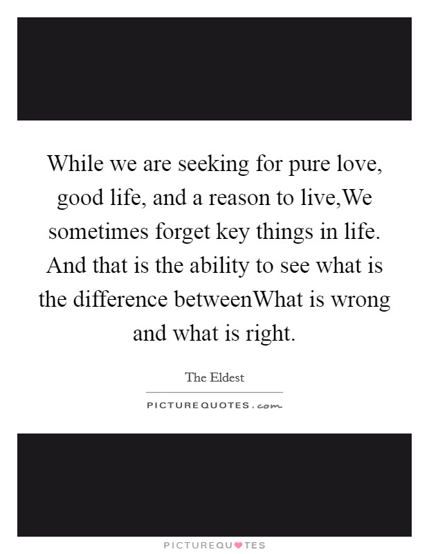 While we are seeking for pure love, good life, and a reason to live,We sometimes forget key things in life. And that is the ability to see what is the difference betweenWhat is wrong and what is right Picture Quote #1