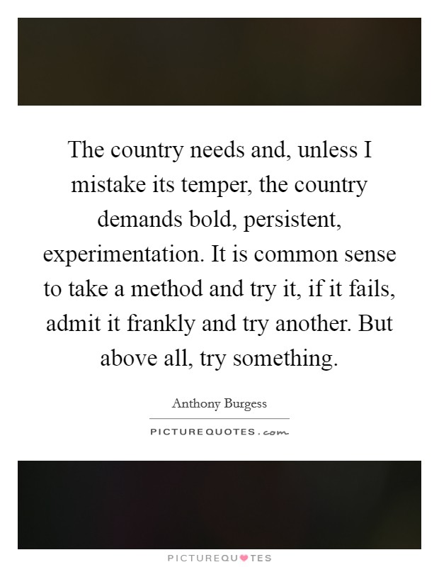 The country needs and, unless I mistake its temper, the country demands bold, persistent, experimentation. It is common sense to take a method and try it, if it fails, admit it frankly and try another. But above all, try something. Picture Quote #1