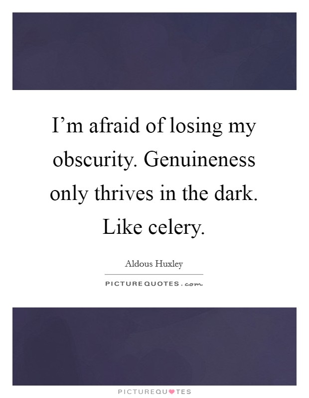 I'm afraid of losing my obscurity. Genuineness only thrives in the dark. Like celery. Picture Quote #1