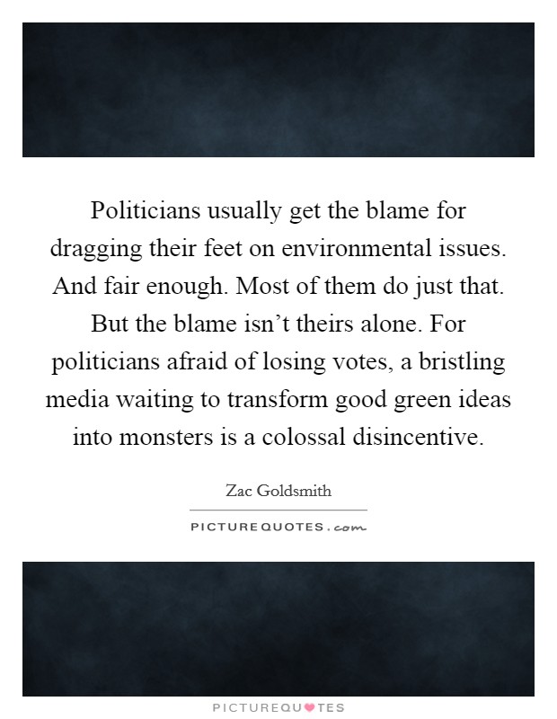 Politicians usually get the blame for dragging their feet on environmental issues. And fair enough. Most of them do just that. But the blame isn't theirs alone. For politicians afraid of losing votes, a bristling media waiting to transform good green ideas into monsters is a colossal disincentive. Picture Quote #1