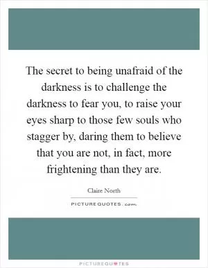 The secret to being unafraid of the darkness is to challenge the darkness to fear you, to raise your eyes sharp to those few souls who stagger by, daring them to believe that you are not, in fact, more frightening than they are Picture Quote #1