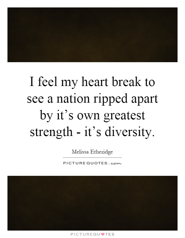 I feel my heart break to see a nation ripped apart by it's own greatest strength - it's diversity Picture Quote #1