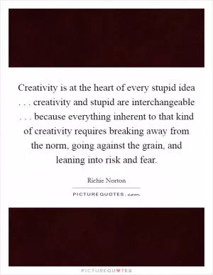 Creativity is at the heart of every stupid idea . . . creativity and stupid are interchangeable . . . because everything inherent to that kind of creativity requires breaking away from the norm, going against the grain, and leaning into risk and fear Picture Quote #1