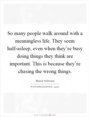 So many people walk around with a meaningless life. They seem half-asleep, even when they’re busy doing things they think are important. This is because they’re chasing the wrong things Picture Quote #1