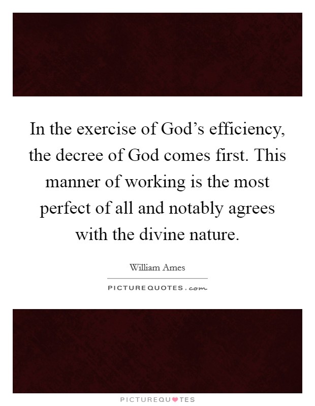 In the exercise of God's efficiency, the decree of God comes first. This manner of working is the most perfect of all and notably agrees with the divine nature. Picture Quote #1