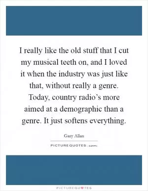 I really like the old stuff that I cut my musical teeth on, and I loved it when the industry was just like that, without really a genre. Today, country radio’s more aimed at a demographic than a genre. It just softens everything Picture Quote #1