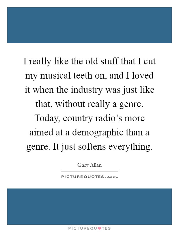 I really like the old stuff that I cut my musical teeth on, and I loved it when the industry was just like that, without really a genre. Today, country radio's more aimed at a demographic than a genre. It just softens everything. Picture Quote #1