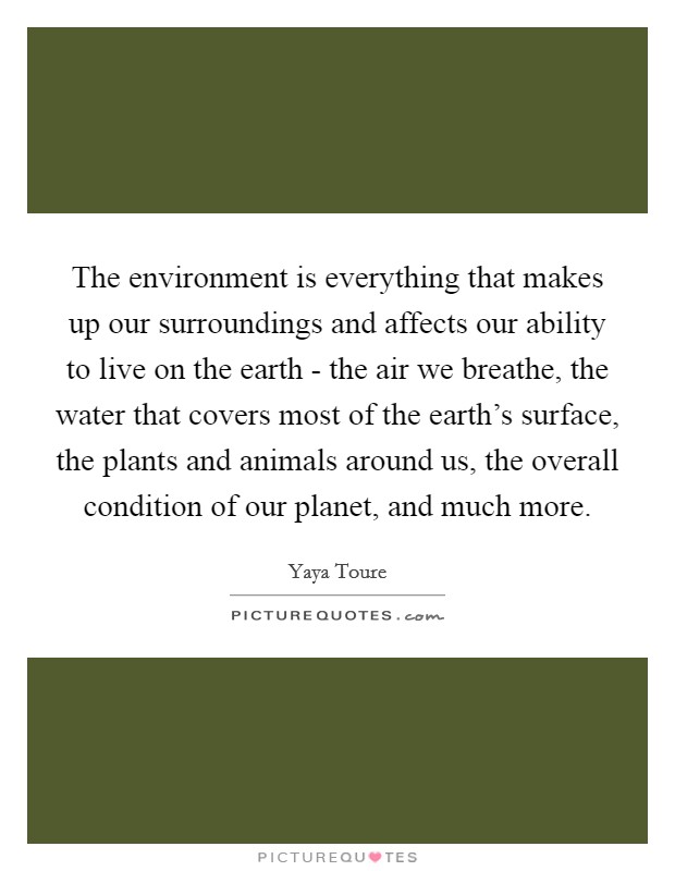 The environment is everything that makes up our surroundings and affects our ability to live on the earth - the air we breathe, the water that covers most of the earth's surface, the plants and animals around us, the overall condition of our planet, and much more. Picture Quote #1
