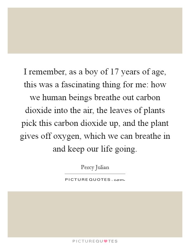 I remember, as a boy of 17 years of age, this was a fascinating thing for me: how we human beings breathe out carbon dioxide into the air, the leaves of plants pick this carbon dioxide up, and the plant gives off oxygen, which we can breathe in and keep our life going. Picture Quote #1
