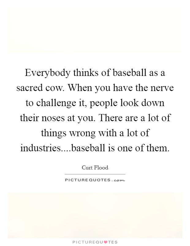 Everybody thinks of baseball as a sacred cow. When you have the nerve to challenge it, people look down their noses at you. There are a lot of things wrong with a lot of industries....baseball is one of them. Picture Quote #1
