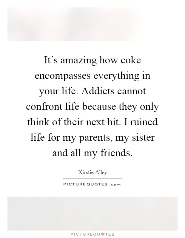 It's amazing how coke encompasses everything in your life. Addicts cannot confront life because they only think of their next hit. I ruined life for my parents, my sister and all my friends. Picture Quote #1