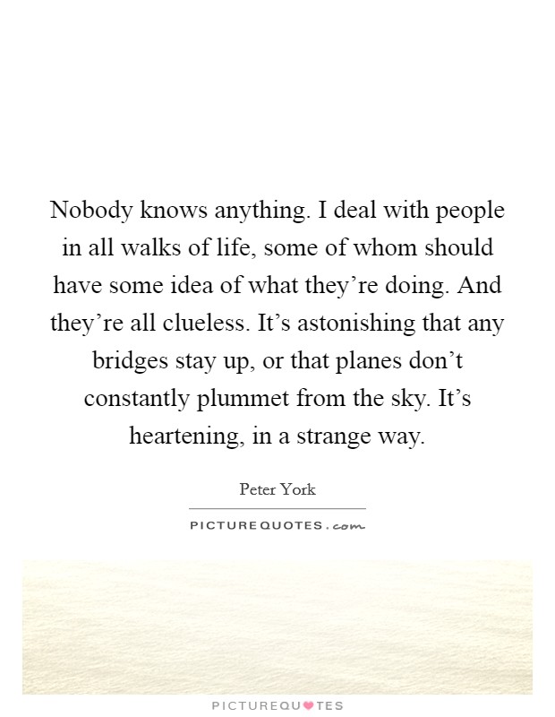 Nobody knows anything. I deal with people in all walks of life, some of whom should have some idea of what they're doing. And they're all clueless. It's astonishing that any bridges stay up, or that planes don't constantly plummet from the sky. It's heartening, in a strange way. Picture Quote #1