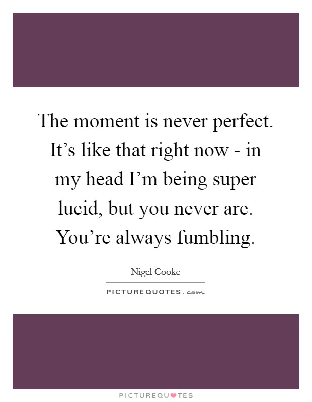 The moment is never perfect. It's like that right now - in my head I'm being super lucid, but you never are. You're always fumbling. Picture Quote #1