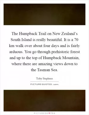 The Humpback Trail on New Zealand’s South Island is really beautiful. It is a 70 km walk over about four days and is fairly arduous. You go through prehistoric forest and up to the top of Humpback Mountain, where there are amazing views down to the Tasman Sea Picture Quote #1