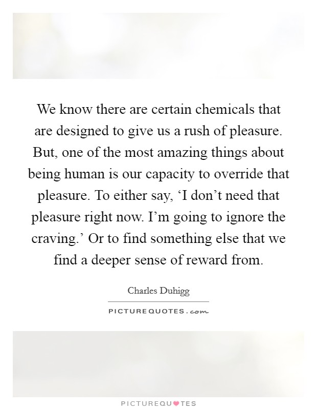 We know there are certain chemicals that are designed to give us a rush of pleasure. But, one of the most amazing things about being human is our capacity to override that pleasure. To either say, ‘I don't need that pleasure right now. I'm going to ignore the craving.' Or to find something else that we find a deeper sense of reward from. Picture Quote #1
