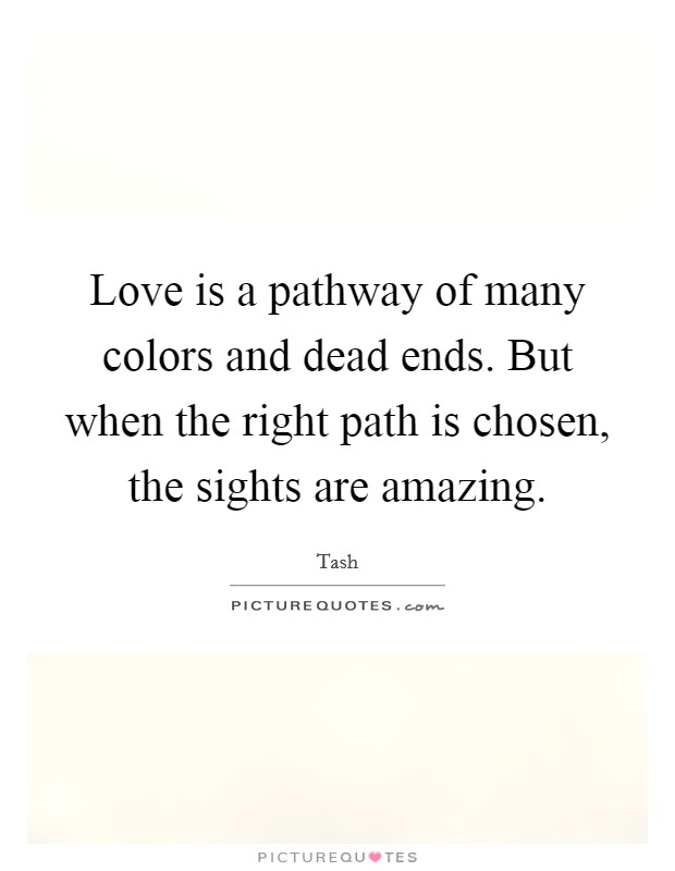 Love is a pathway of many colors and dead ends. But when the right path is chosen, the sights are amazing. Picture Quote #1