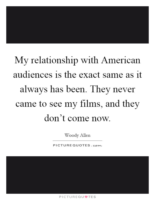 My relationship with American audiences is the exact same as it always has been. They never came to see my films, and they don't come now. Picture Quote #1