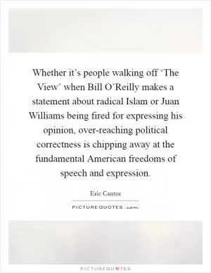 Whether it’s people walking off ‘The View’ when Bill O’Reilly makes a statement about radical Islam or Juan Williams being fired for expressing his opinion, over-reaching political correctness is chipping away at the fundamental American freedoms of speech and expression Picture Quote #1