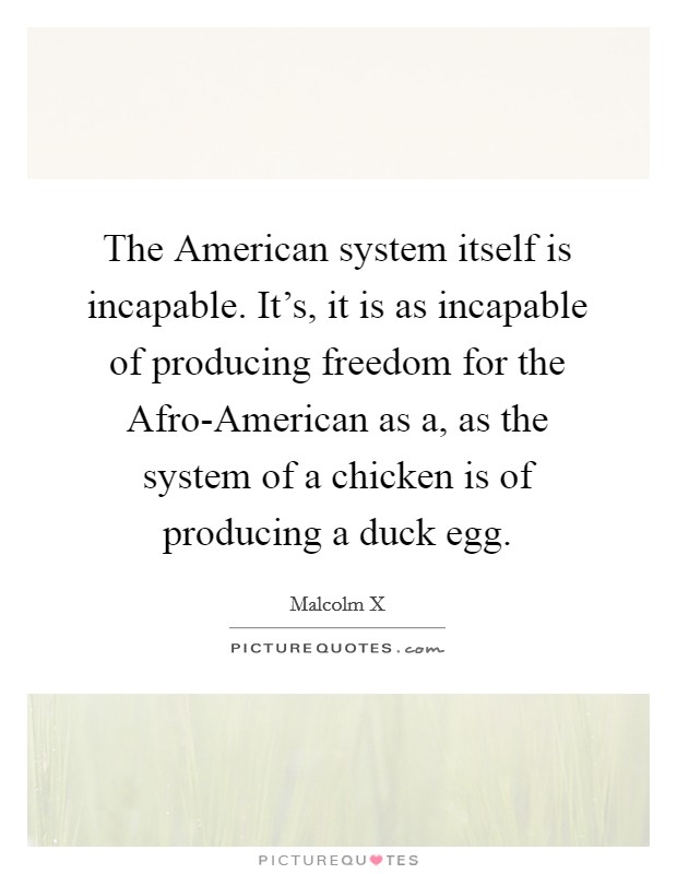 The American system itself is incapable. It's, it is as incapable of producing freedom for the Afro-American as a, as the system of a chicken is of producing a duck egg. Picture Quote #1