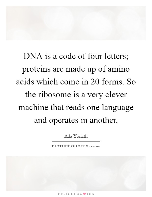 DNA is a code of four letters; proteins are made up of amino acids which come in 20 forms. So the ribosome is a very clever machine that reads one language and operates in another. Picture Quote #1