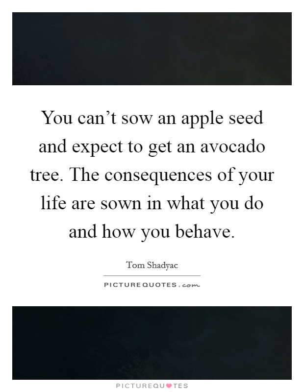 You can't sow an apple seed and expect to get an avocado tree. The consequences of your life are sown in what you do and how you behave. Picture Quote #1