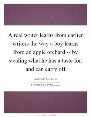 A real writer learns from earlier writers the way a boy learns from an apple orchard -- by stealing what he has a taste for, and can carry off Picture Quote #1
