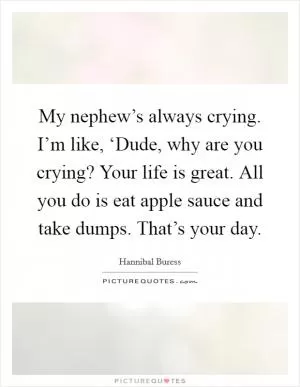 My nephew’s always crying. I’m like, ‘Dude, why are you crying? Your life is great. All you do is eat apple sauce and take dumps. That’s your day Picture Quote #1
