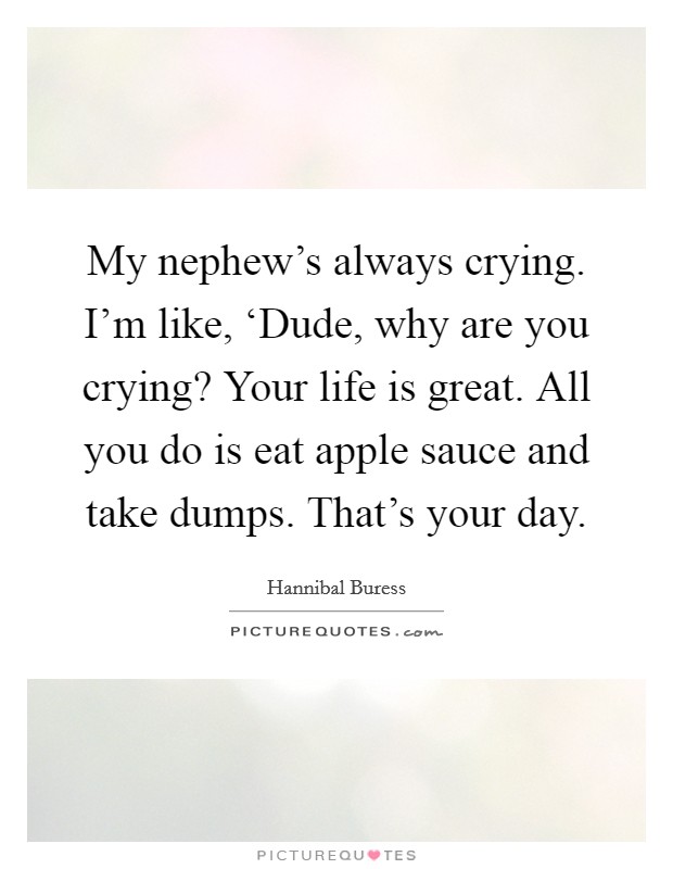 My nephew's always crying. I'm like, ‘Dude, why are you crying? Your life is great. All you do is eat apple sauce and take dumps. That's your day. Picture Quote #1