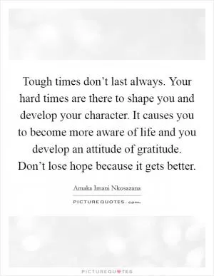 Tough times don’t last always. Your hard times are there to shape you and develop your character. It causes you to become more aware of life and you develop an attitude of gratitude. Don’t lose hope because it gets better Picture Quote #1