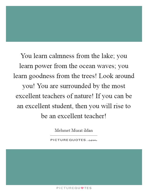 You learn calmness from the lake; you learn power from the ocean waves; you learn goodness from the trees! Look around you! You are surrounded by the most excellent teachers of nature! If you can be an excellent student, then you will rise to be an excellent teacher! Picture Quote #1